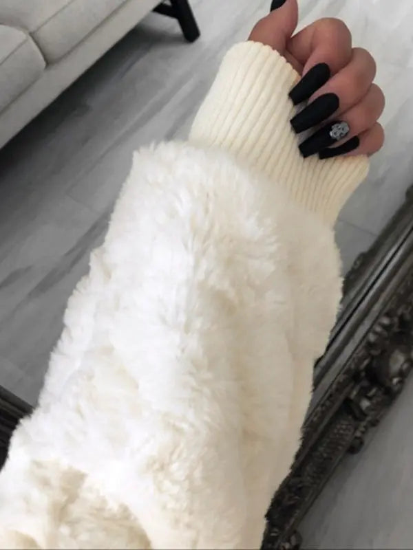Autumn and winter furry long-sleeved hooded plush top long coat BLUE ZONE PLANET