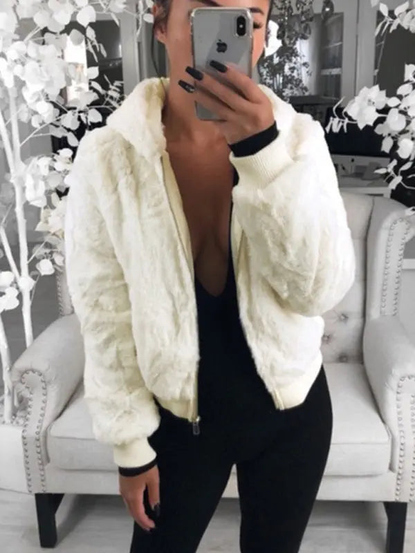 Autumn and winter furry long-sleeved hooded plush top long coat BLUE ZONE PLANET