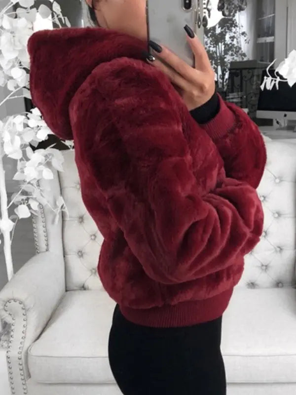 Autumn and winter furry long-sleeved hooded plush top long coat BLUE ZONE PLANET