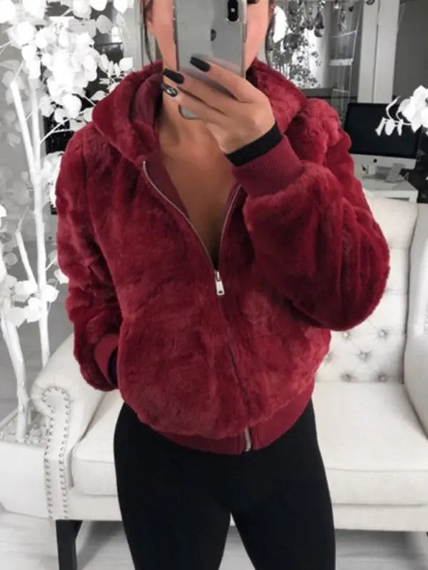 Autumn and winter furry long-sleeved hooded plush top long coat BLUE ZONE PLANET