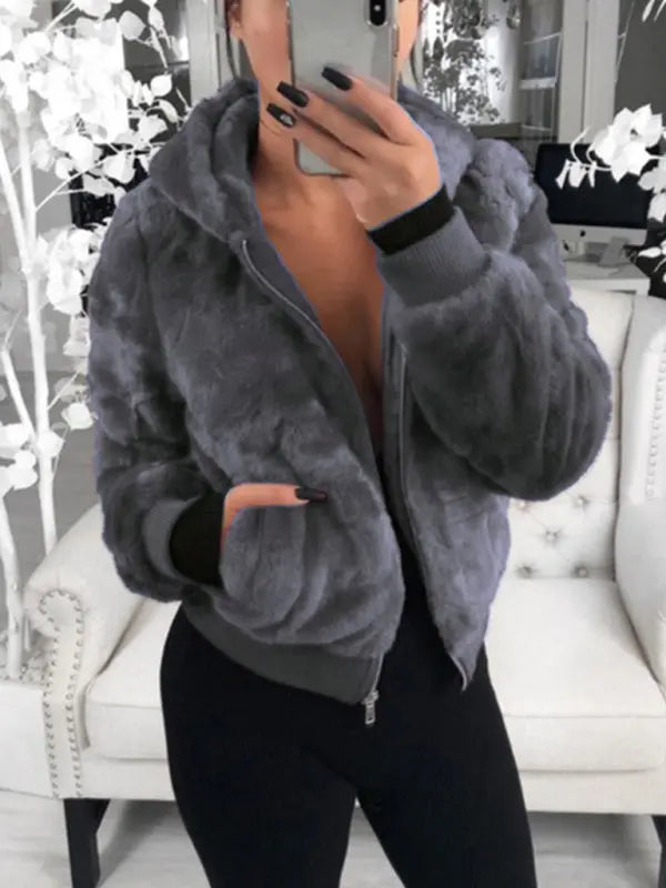 Autumn and winter furry long-sleeved hooded plush top long coat BLUE ZONE PLANET