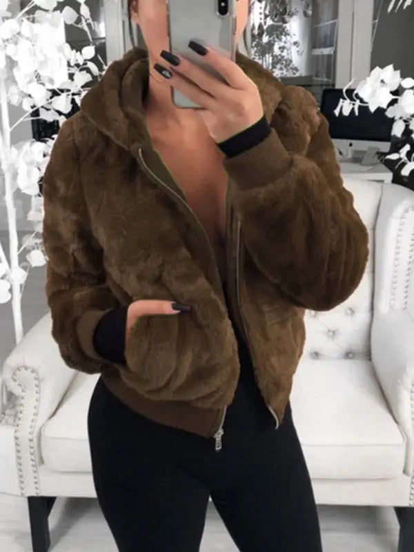 Autumn and winter furry long-sleeved hooded plush top long coat BLUE ZONE PLANET