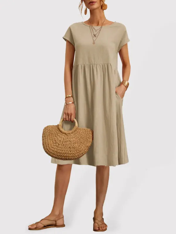 Ava's Solid Round Neck A-Line Knee-Length Dress BLUE ZONE PLANET