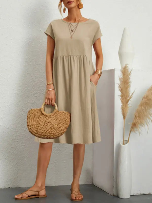 Ava's Solid Round Neck A-Line Knee-Length Dress BLUE ZONE PLANET