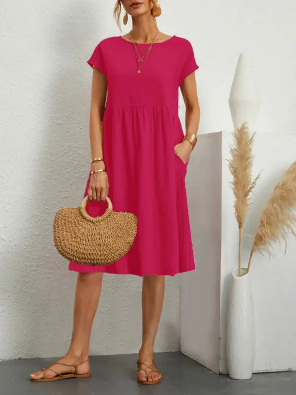 Ava's Solid Round Neck A-Line Knee-Length Dress BLUE ZONE PLANET