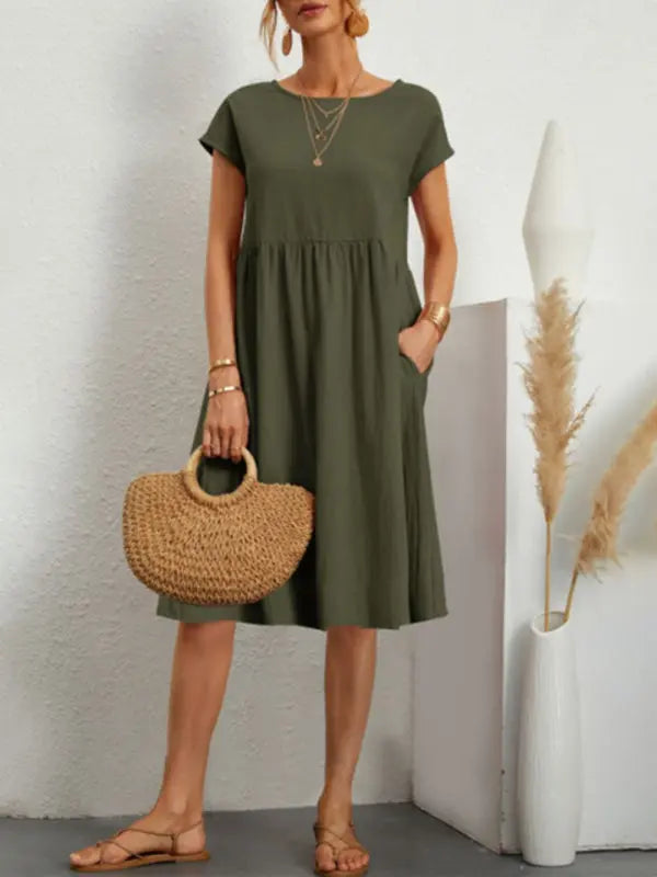 Ava's Solid Round Neck A-Line Knee-Length Dress BLUE ZONE PLANET