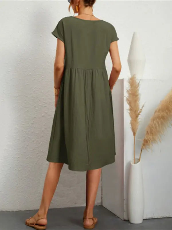 Ava's Solid Round Neck A-Line Knee-Length Dress BLUE ZONE PLANET