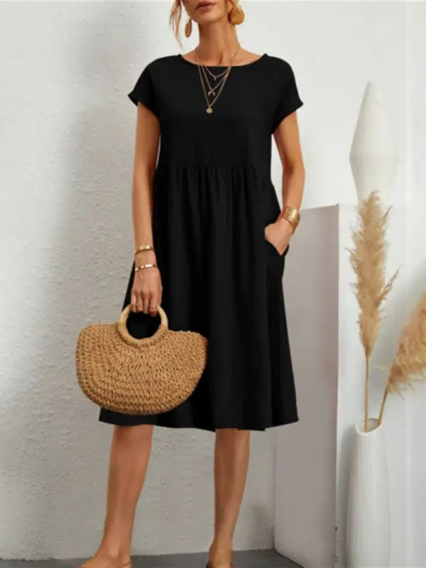 Ava's Solid Round Neck A-Line Knee-Length Dress BLUE ZONE PLANET