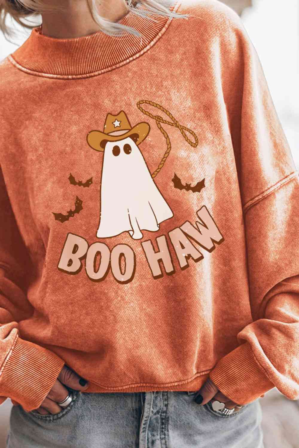 BOO HAW Ghost Graphic Dropped Shoulder Round Neck Sweatshirt BLUE ZONE PLANET