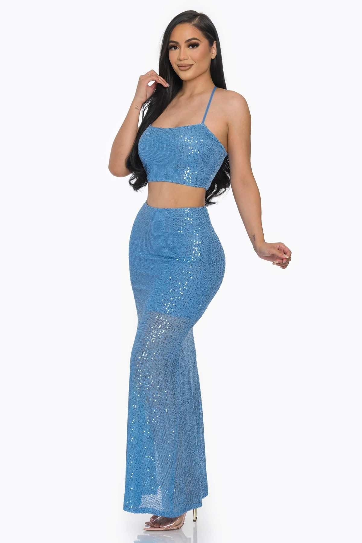 Baby Blue Sexy Back Sequin Maxi Dress Blue Zone Planet