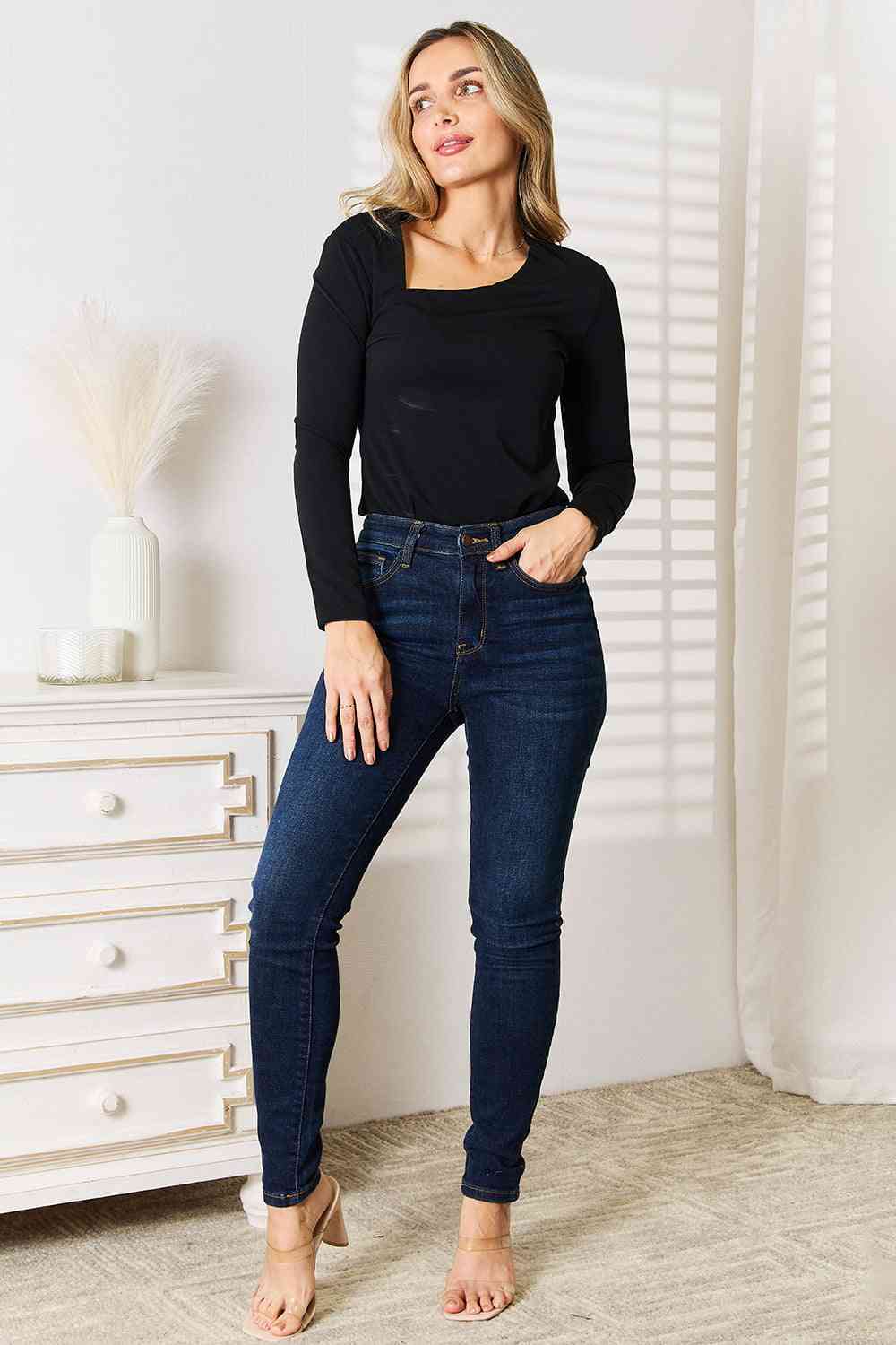 Basic Bae Asymmetrical Neck Long Sleeve Top BLUE ZONE PLANET