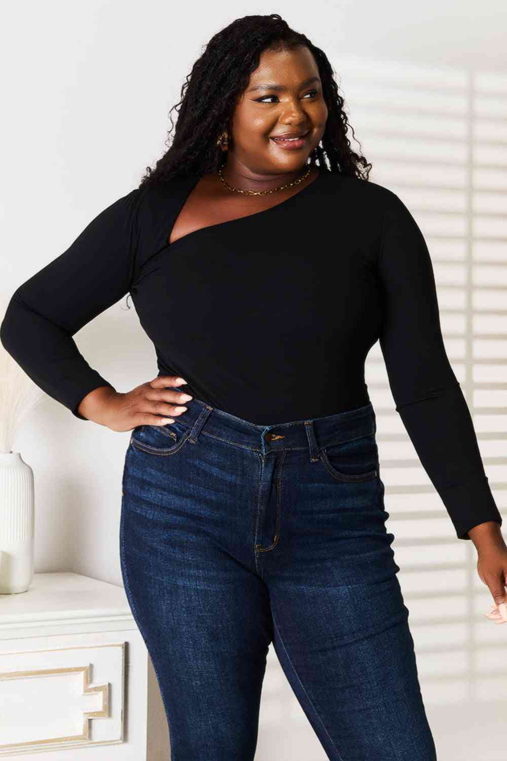 Basic Bae Asymmetrical Neck Long Sleeve Top BLUE ZONE PLANET