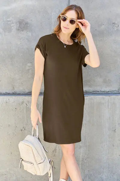 Basic Bae Full Size Round Neck Short Sleeve Dress with Pockets BLUE ZONE PLANET