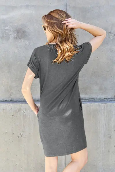 Basic Bae Full Size Round Neck Short Sleeve Dress with Pockets BLUE ZONE PLANET