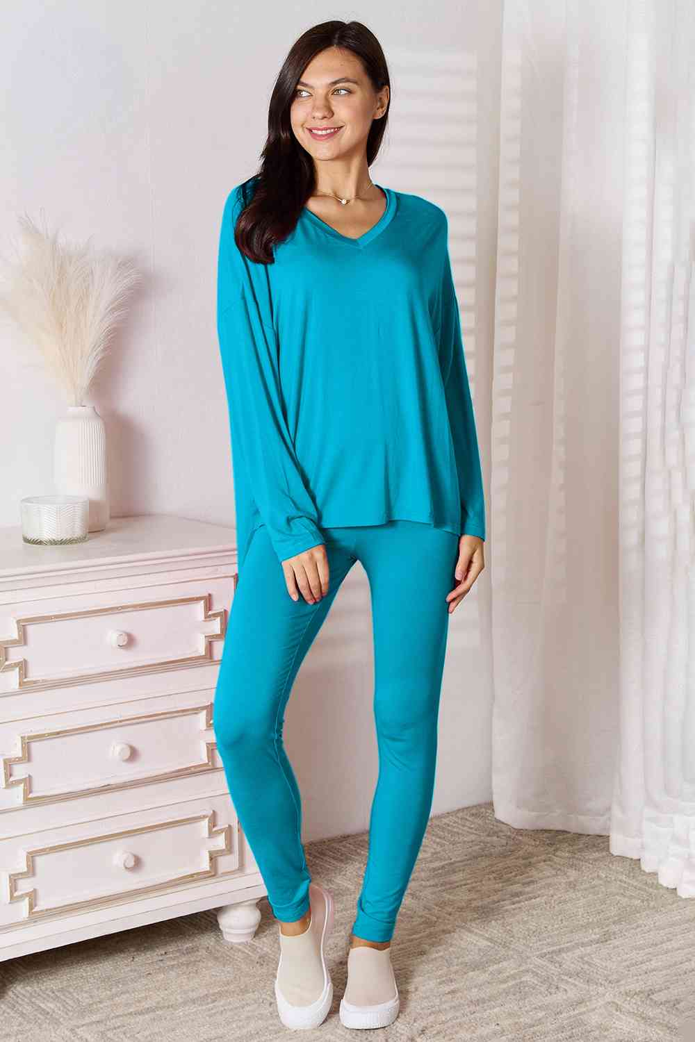 Basic Bae Full Size V-Neck Soft Rayon Long Sleeve Top and Pants Lounge Set BLUE ZONE PLANET