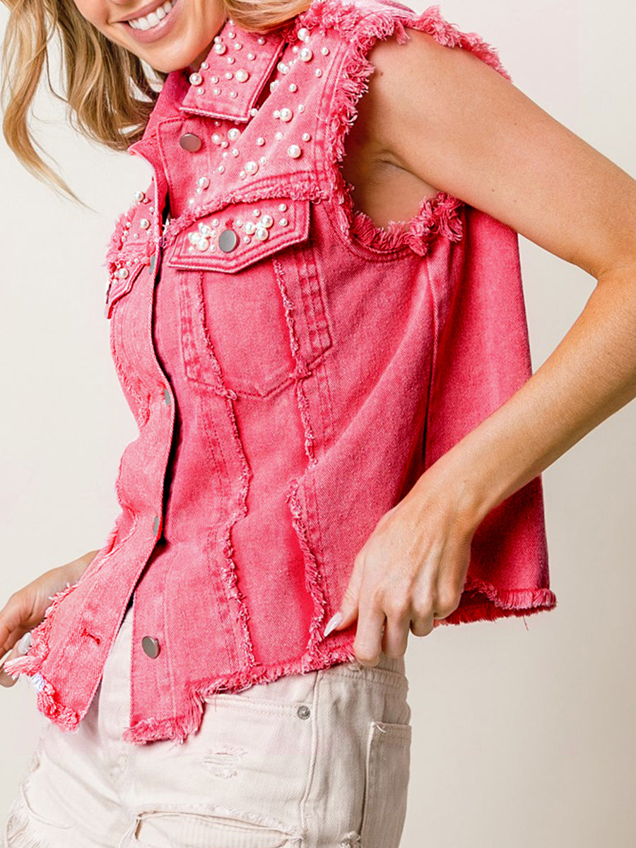 Blue Zone Planet | Beaded Sleeveless Buttoned Denim Top BLUE ZONE PLANET