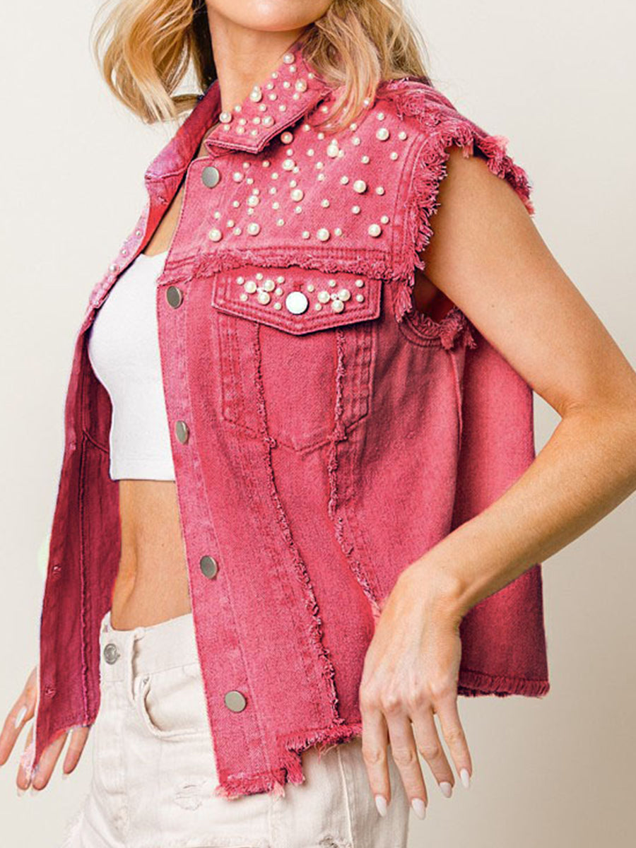 Blue Zone Planet | Beaded Sleeveless Buttoned Denim Top BLUE ZONE PLANET