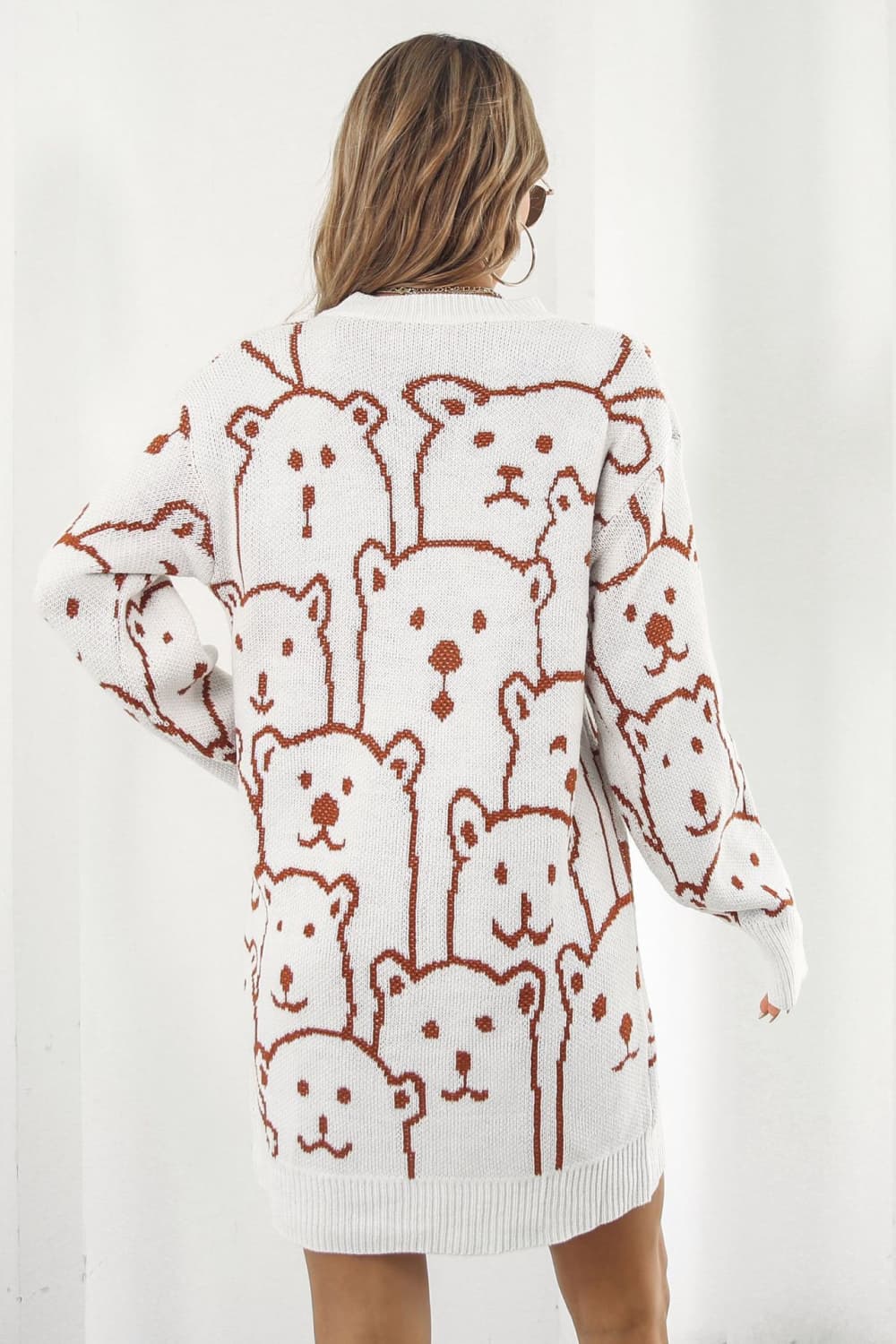 Bear Pattern Round Neck Sweater Dress BLUE ZONE PLANET
