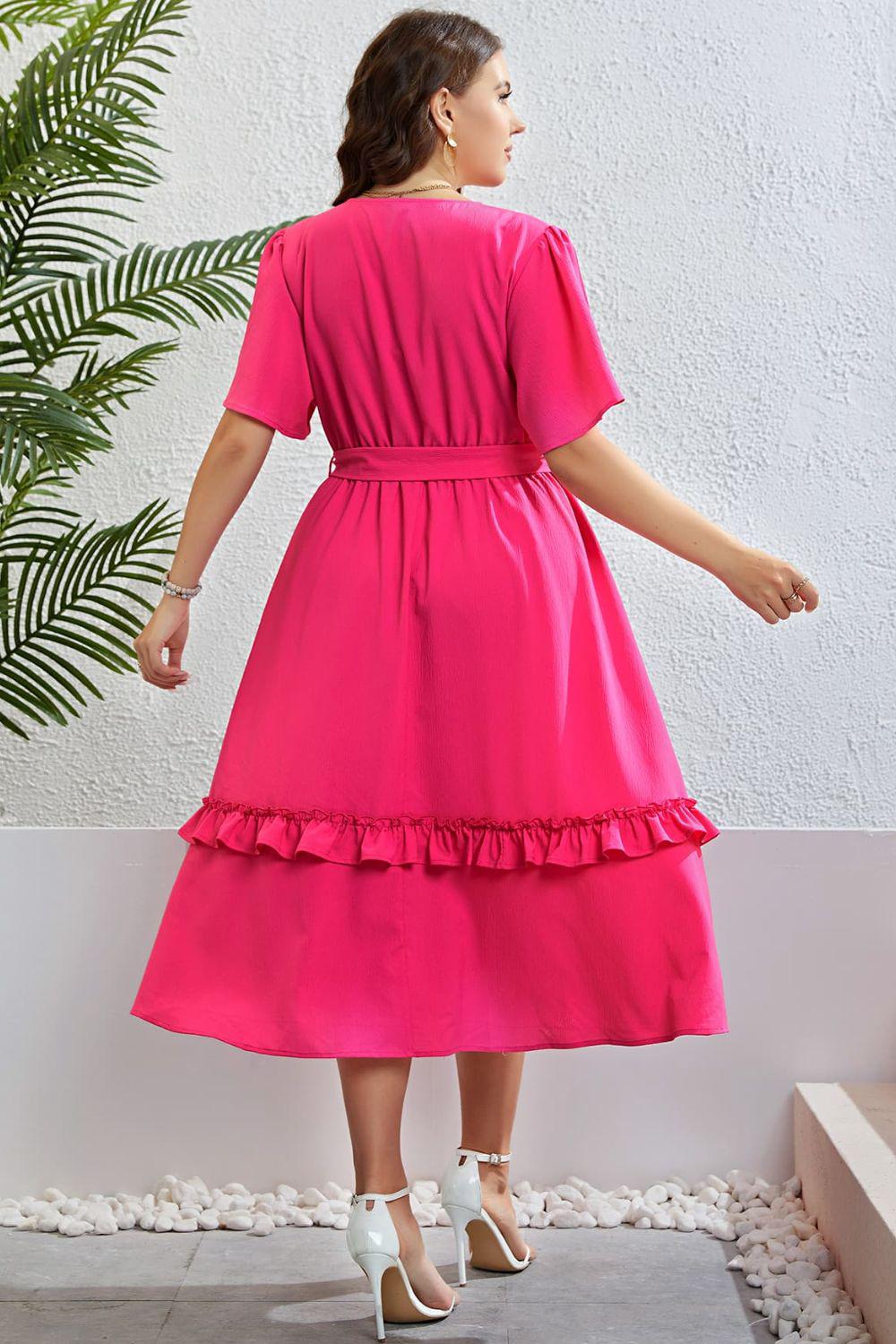 Belted Frill Trim Flutter Sleeve Midi A-Line Dress BLUE ZONE PLANET