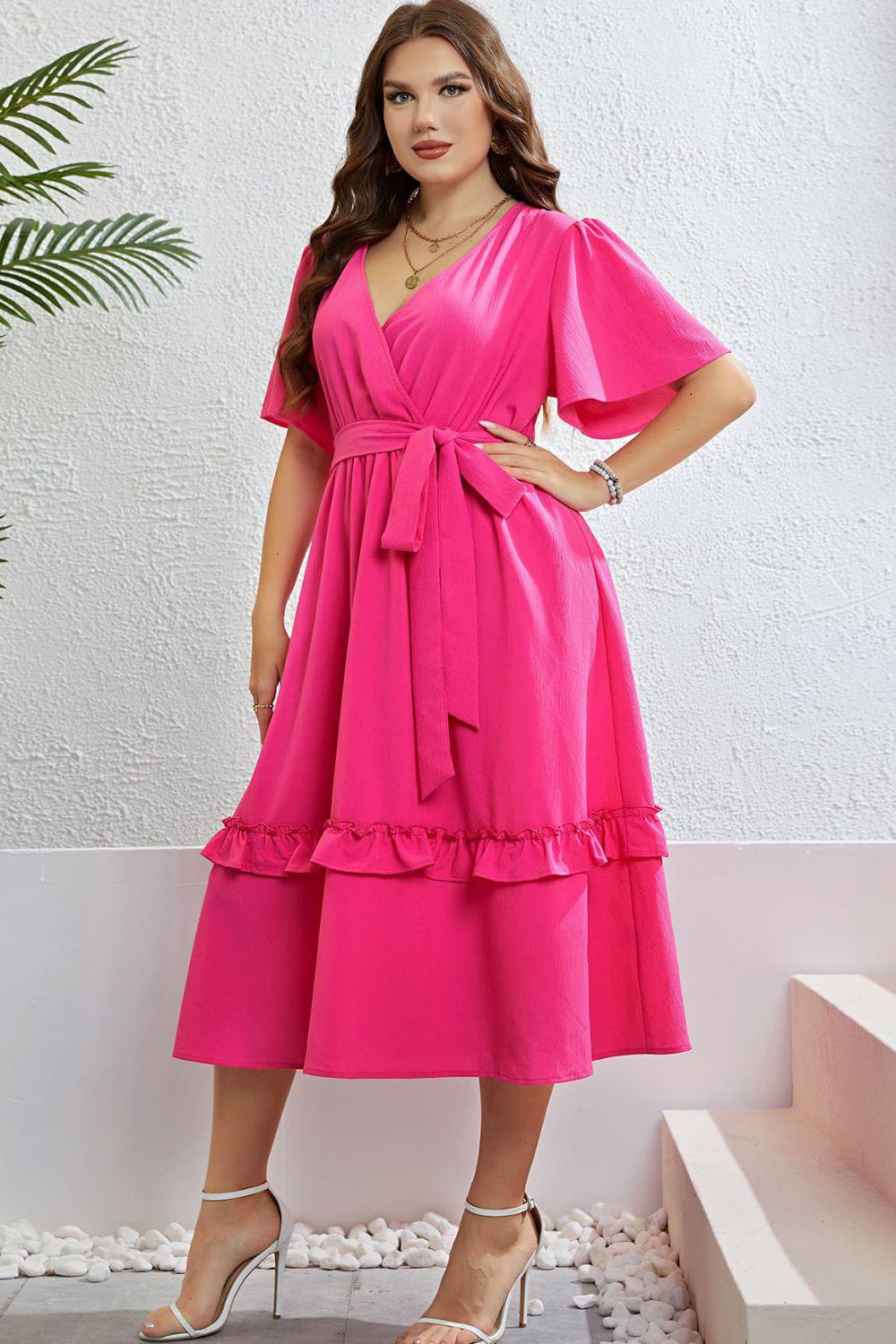 Belted Frill Trim Flutter Sleeve Midi A-Line Dress BLUE ZONE PLANET
