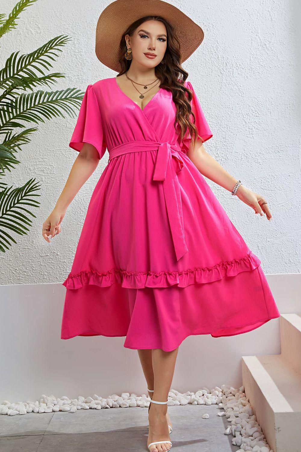 Belted Frill Trim Flutter Sleeve Midi A-Line Dress BLUE ZONE PLANET