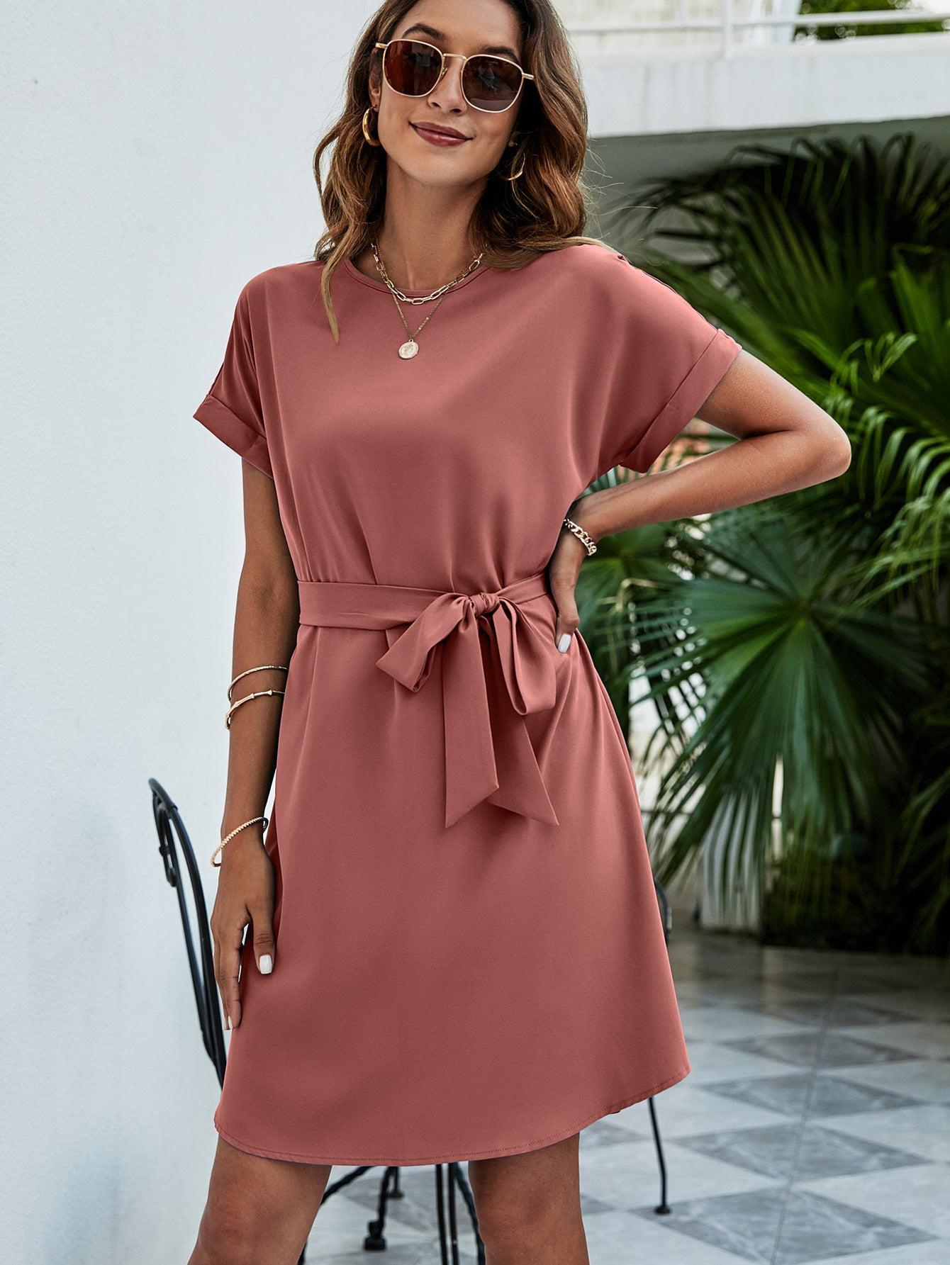 Belted Round Neck Curved Hem Mini A-Line Dress BLUE ZONE PLANET