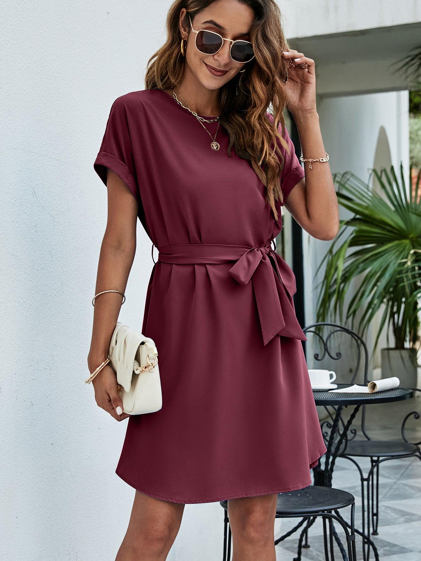 Belted Round Neck Curved Hem Mini A-Line Dress BLUE ZONE PLANET