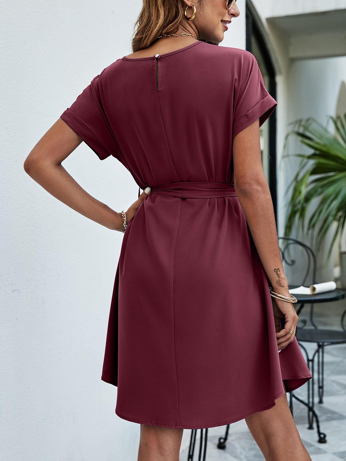 Belted Round Neck Curved Hem Mini A-Line Dress BLUE ZONE PLANET