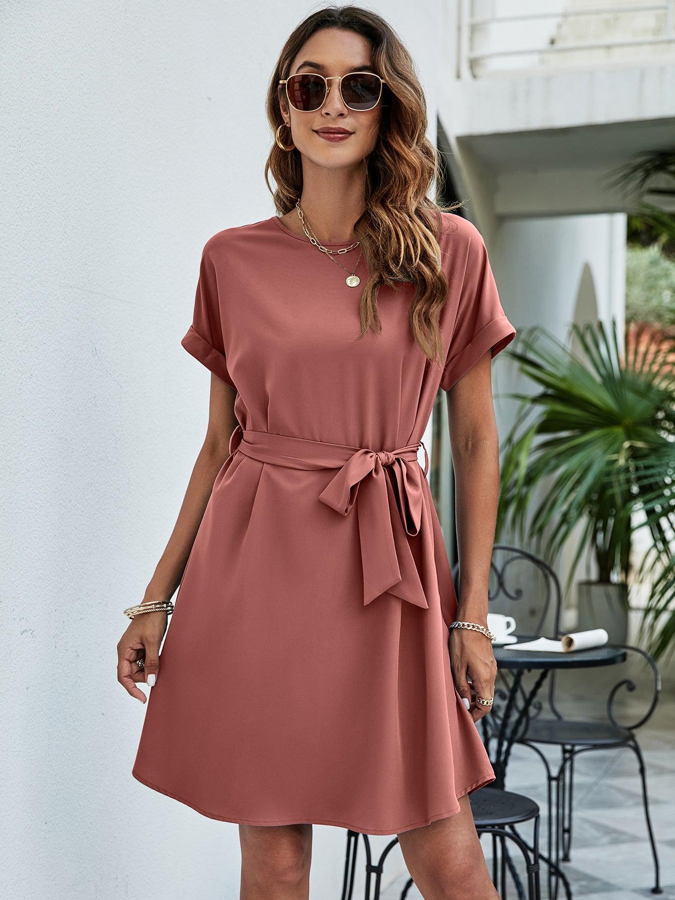 Belted Round Neck Curved Hem Mini A-Line Dress BLUE ZONE PLANET