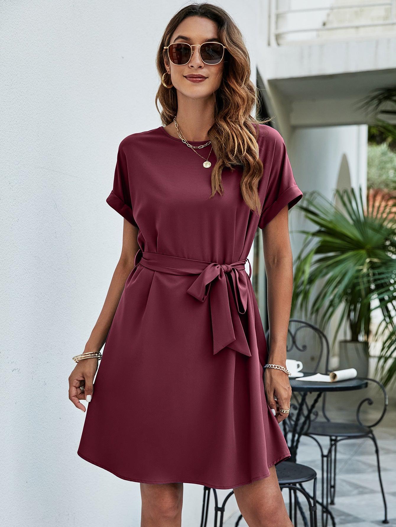 Belted Round Neck Curved Hem Mini A-Line Dress BLUE ZONE PLANET