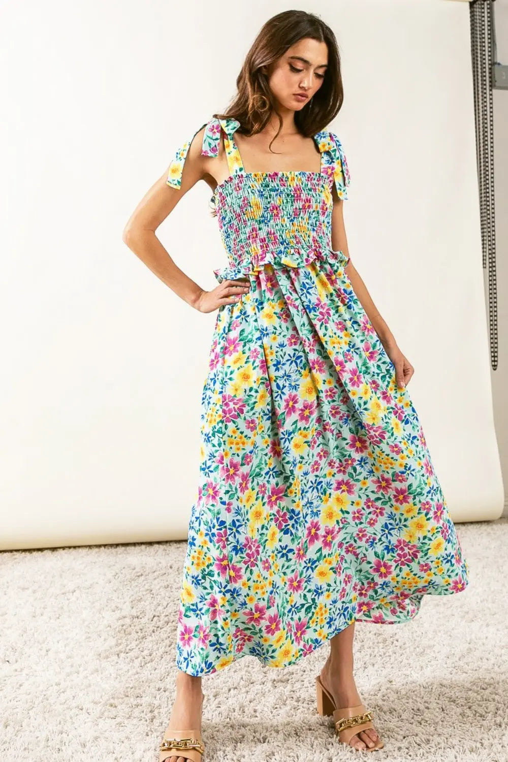 BiBi Floral Ruffle Trim Smocked Cami Dress BLUE ZONE PLANET