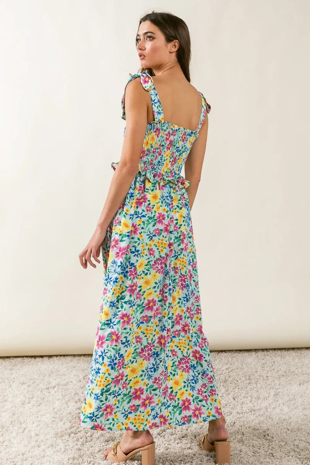 BiBi Floral Ruffle Trim Smocked Cami Dress BLUE ZONE PLANET