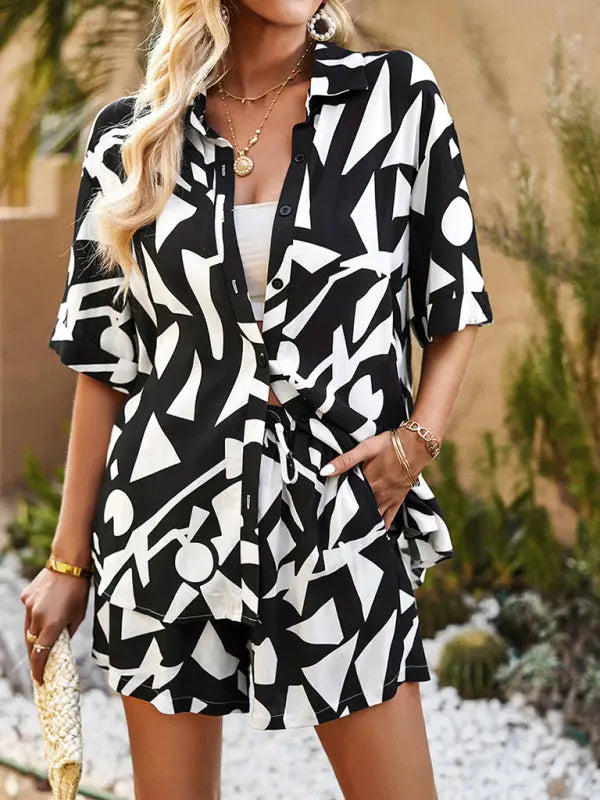 Blue Zone Planet | Abstract Irregular Printing Short Sleeve Shorts Two-Piece Set BLUE ZONE PLANET