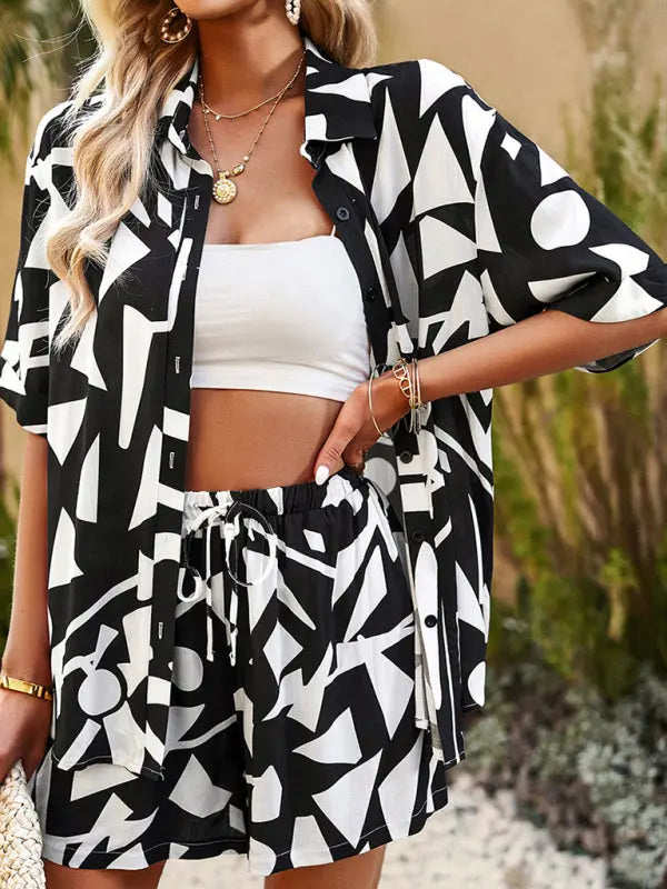 Blue Zone Planet | Abstract Irregular Printing Short Sleeve Shorts Two-Piece Set BLUE ZONE PLANET