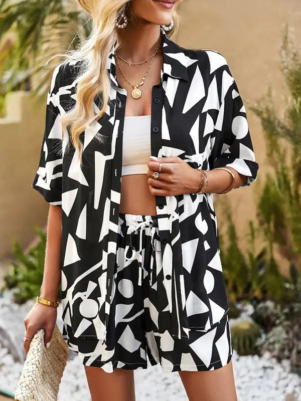 Blue Zone Planet | Abstract Irregular Printing Short Sleeve Shorts Two-Piece Set BLUE ZONE PLANET