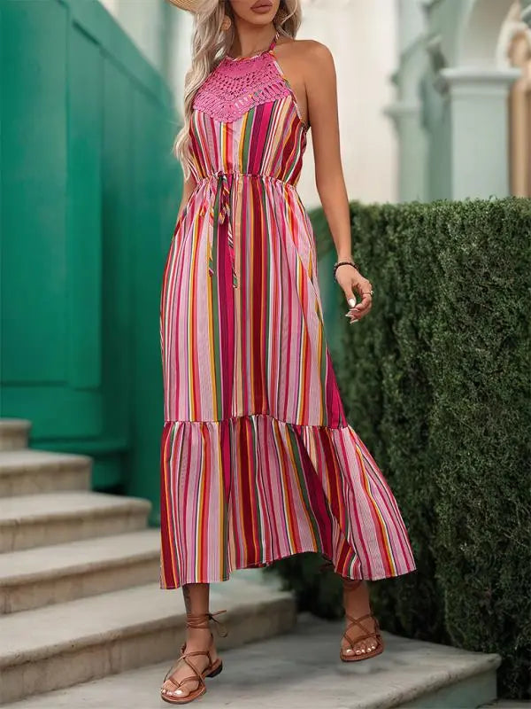 Blue Zone Planet | Anna's Sleeveless Boho Lace Halter Neck Striped Print Midi Dress BLUE ZONE PLANET