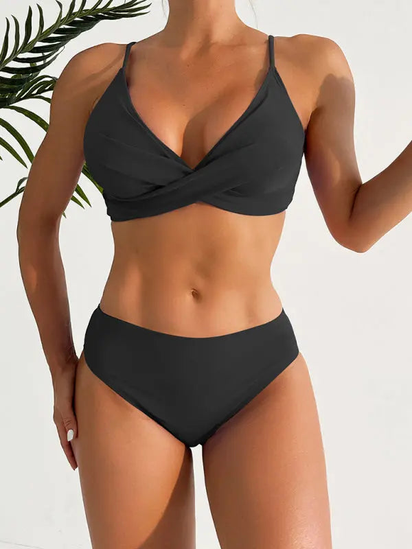 Blue Zone Planet | Anna's Solid color split swimsuit cross spaghetti strap bikini BLUE ZONE PLANET