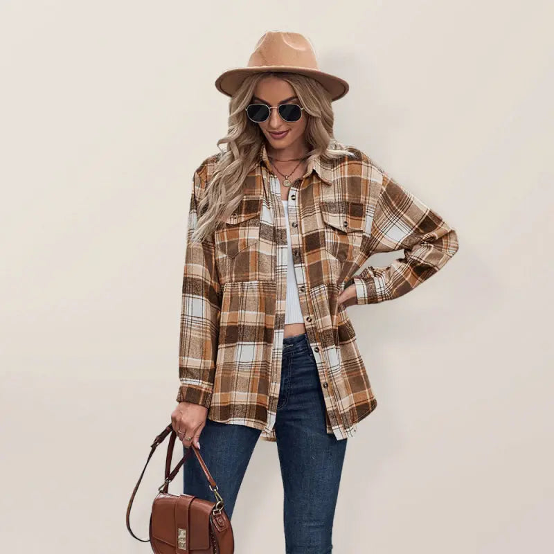 Blue Zone Planet | Autumn and Winter Lapel Long Sleeve Pocket European and American Plaid Shirt BLUE ZONE PLANET