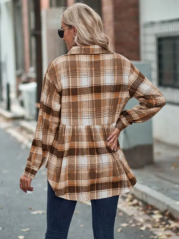 Blue Zone Planet | Autumn and Winter Lapel Long Sleeve Pocket European and American Plaid Shirt BLUE ZONE PLANET