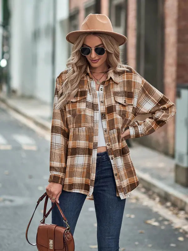 Blue Zone Planet | Autumn and Winter Lapel Long Sleeve Pocket European and American Plaid Shirt BLUE ZONE PLANET