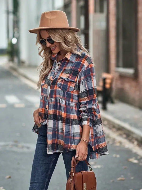 Blue Zone Planet | Autumn and Winter Lapel Long Sleeve Pocket European and American Plaid Shirt BLUE ZONE PLANET