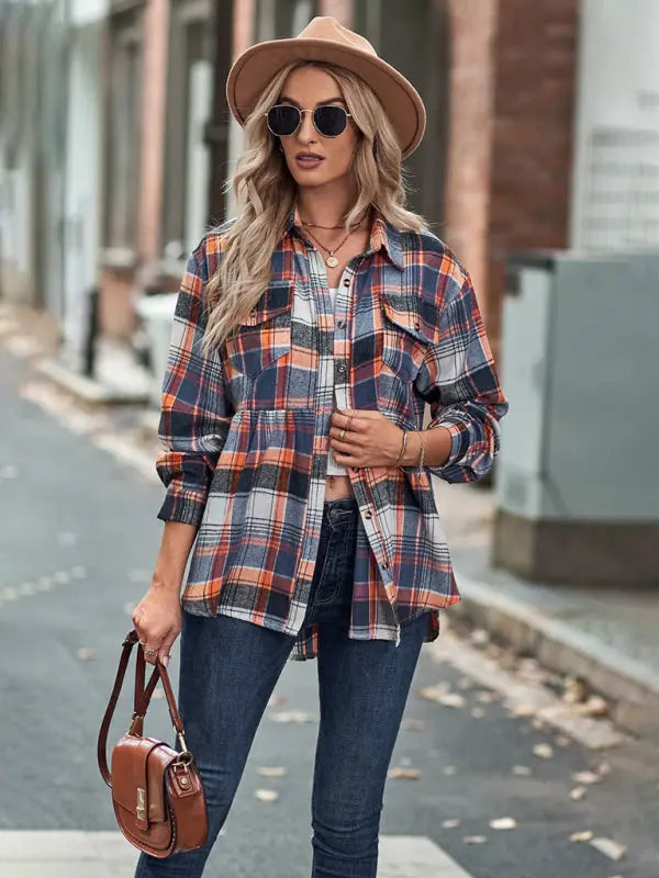 Blue Zone Planet | Autumn and Winter Lapel Long Sleeve Pocket European and American Plaid Shirt BLUE ZONE PLANET