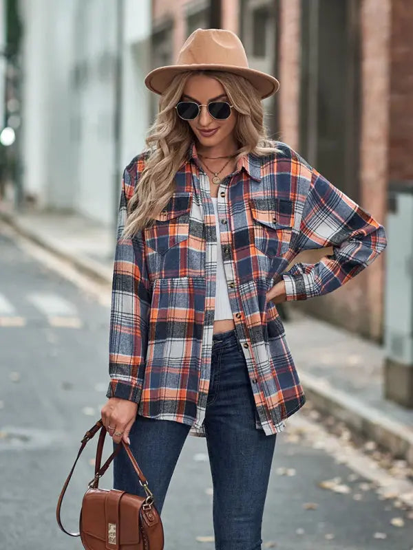 Blue Zone Planet | Autumn and Winter Lapel Long Sleeve Pocket European and American Plaid Shirt BLUE ZONE PLANET