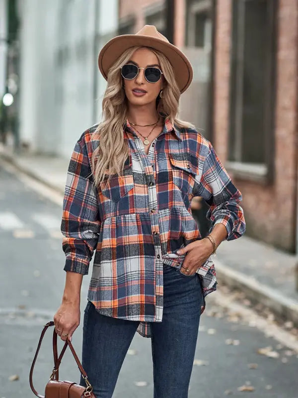 Blue Zone Planet | Autumn and Winter Lapel Long Sleeve Pocket European and American Plaid Shirt BLUE ZONE PLANET
