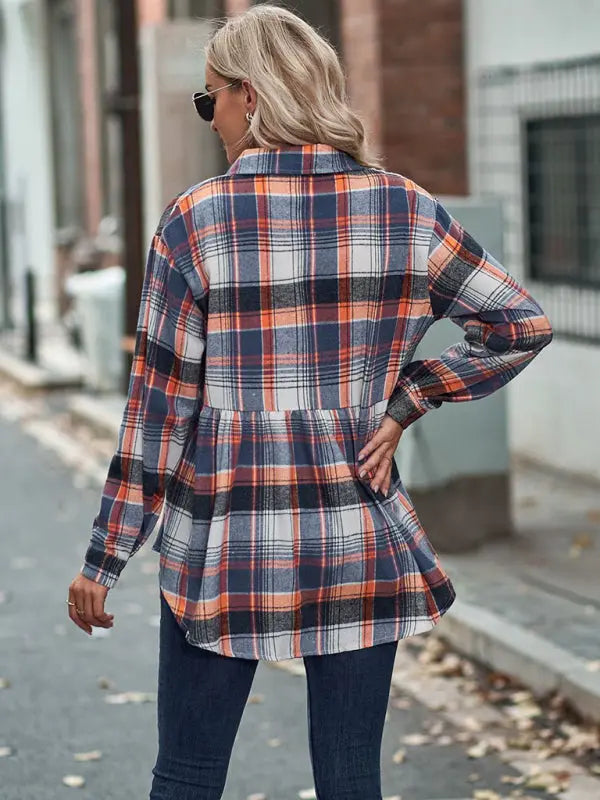 Blue Zone Planet | Autumn and Winter Lapel Long Sleeve Pocket European and American Plaid Shirt BLUE ZONE PLANET