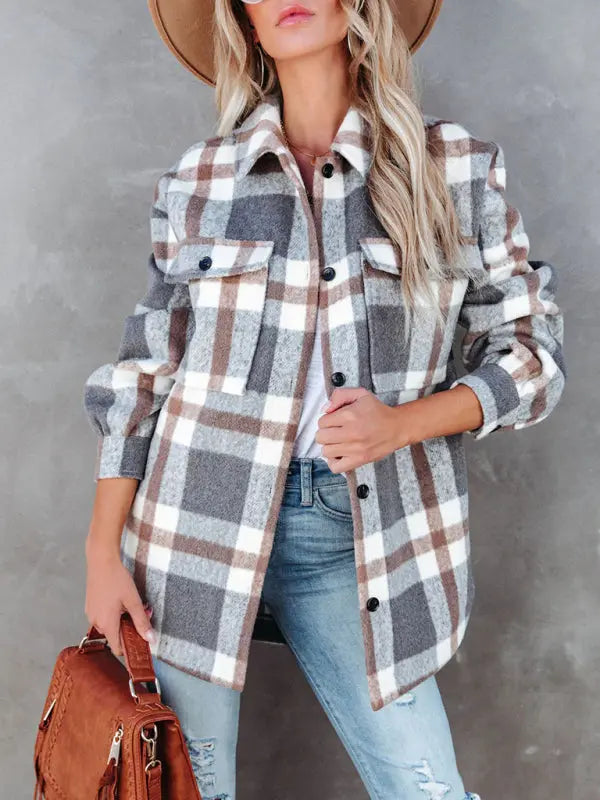 Blue Zone Planet | Autumn and Winter Plaid Brushed Lapel Jacket BLUE ZONE PLANET