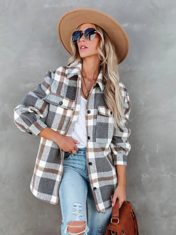 Blue Zone Planet | Autumn and Winter Plaid Brushed Lapel Jacket BLUE ZONE PLANET