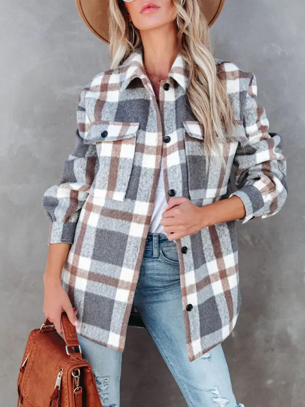 Blue Zone Planet | Autumn and Winter Plaid Brushed Lapel Jacket BLUE ZONE PLANET