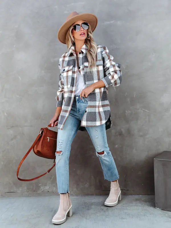 Blue Zone Planet | Autumn and Winter Plaid Brushed Lapel Jacket BLUE ZONE PLANET