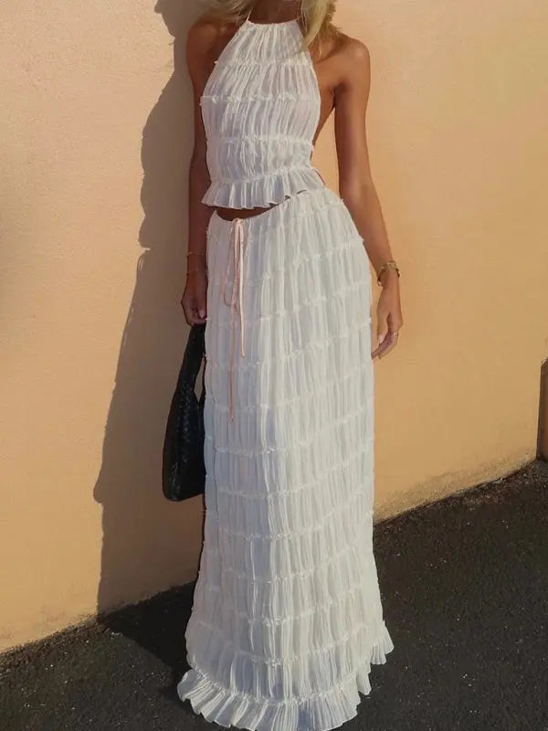Blue Zone Planet | Ava's Backless Lace-Up Halter Top and Chiffon Pleated Maxi Skirt Two-Piece Set BLUE ZONE PLANET